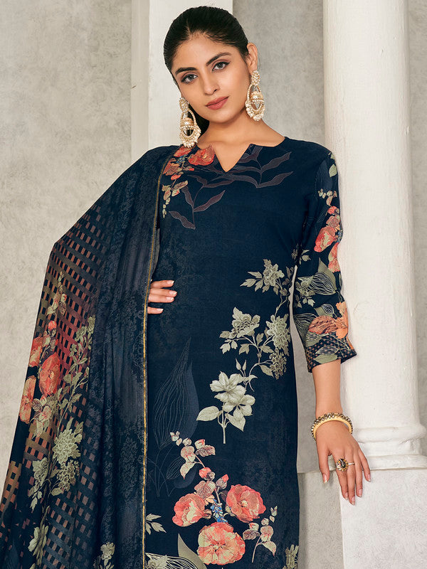 Jyoti Fashion Women's Navy Blue Pashmina Floral Digital Printed Kurta with Trouser & Dupatta - Distacart
