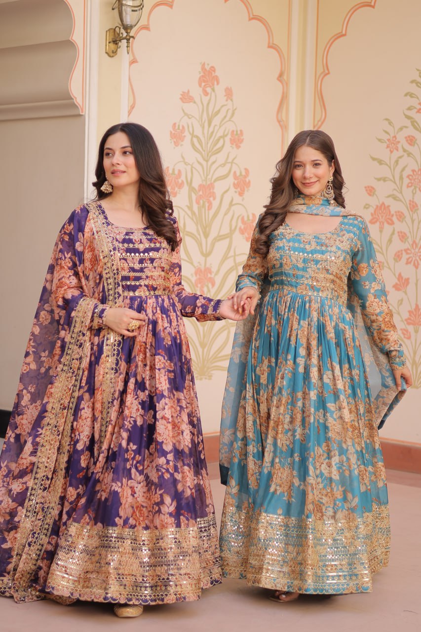 Jyoti Fashion Women's Sky Blue & Purple Russian Silk Digital Print with Sequins Embroidered Anarkali Combo Set With Dupatta