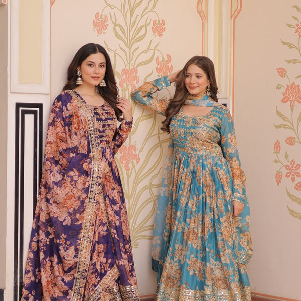 Jyoti Fashion Women's Sky Blue & Purple Russian Silk Digital Print with Sequins Embroidered Anarkali Combo Set With Dupatta - Distacart