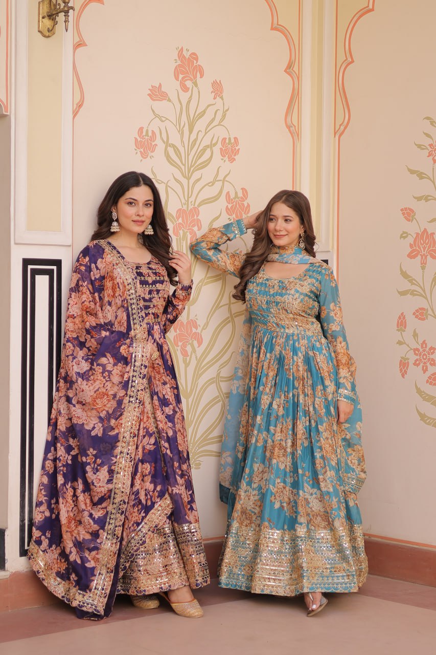 Jyoti Fashion Women's Sky Blue & Purple Russian Silk Digital Print with Sequins Embroidered Anarkali Combo Set With Dupatta - Distacart