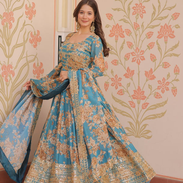 Jyoti Fashion Women's Sky Blue Russian Silk Digital Print with Sequins Embroidered Anarkali Set With Dupatta - Distacart