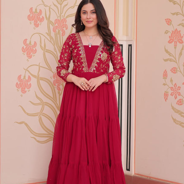 Jyoti Fashion Women's Rani Pink Faux Blooming Sequins & Zari Embroidered Long Designer Anarkali Set - Distacart