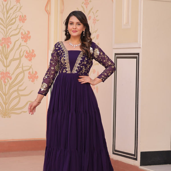 Jyoti Fashion Women's Purple Faux Blooming Sequins & Zari Embroidered Long Designer Anarkali Set - Distacart