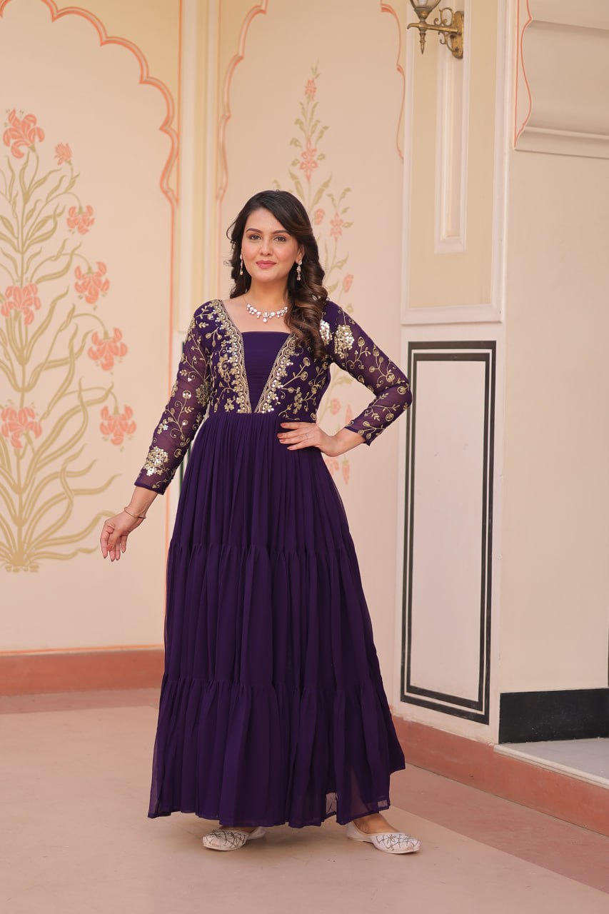 Jyoti Fashion Women's Purple Faux Blooming Sequins & Zari Embroidered Long Designer Anarkali Set - Distacart