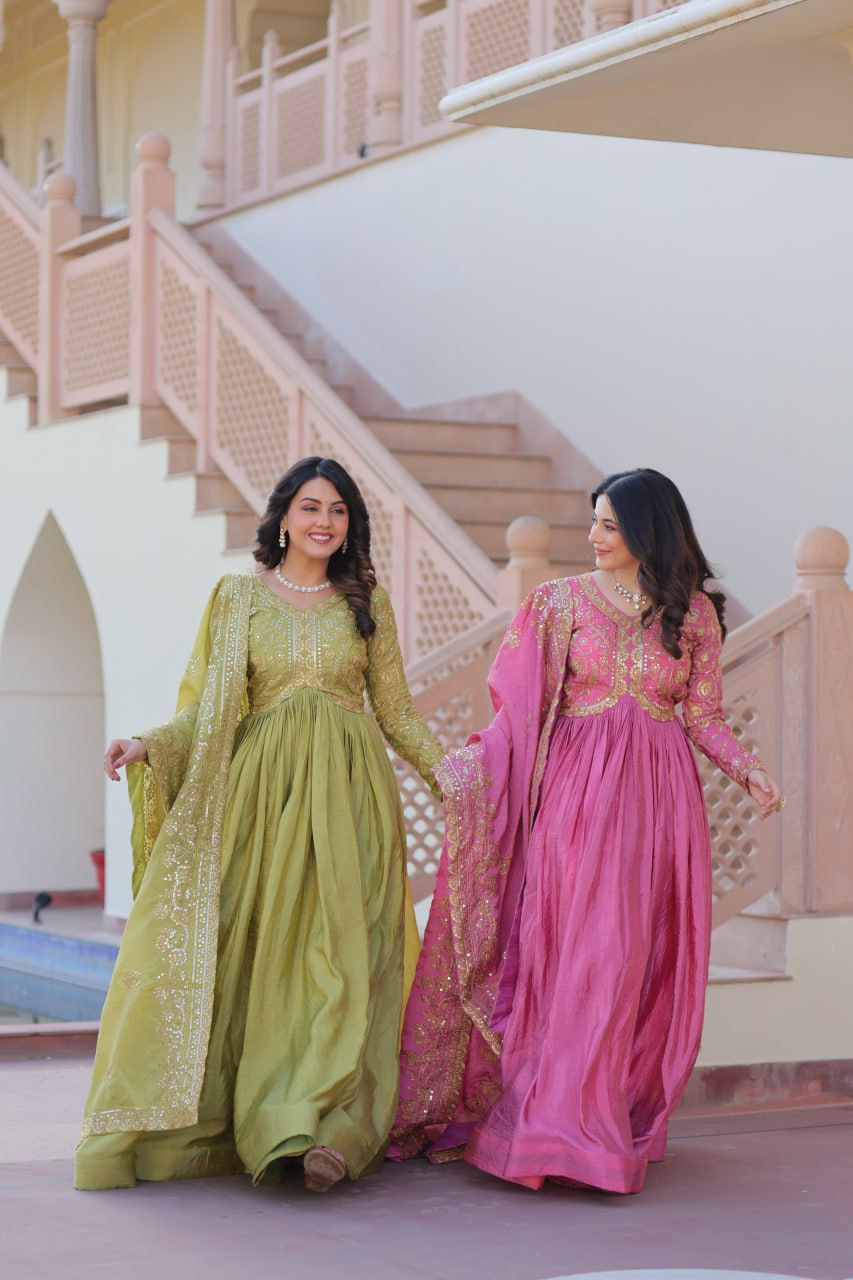 Jyoti Fashion Women's Mehendi & Pink Gold Crush Sequins with Multy Embroidered Anarkali Combo Set With Dupatta