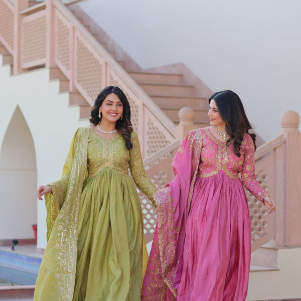 Jyoti Fashion Women's Mehendi & Pink Gold Crush Sequins with Multy Embroidered Anarkali Combo Set With Dupatta - Distacart