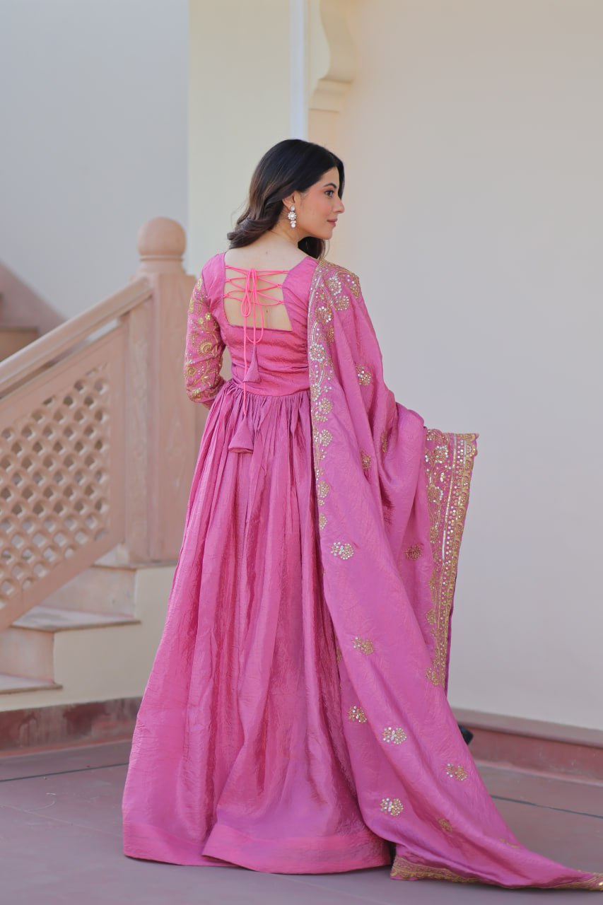 Jyoti Fashion Women's Pink Gold Crush Sequins with Multy Embroidered Anarkali Set With Dupatta