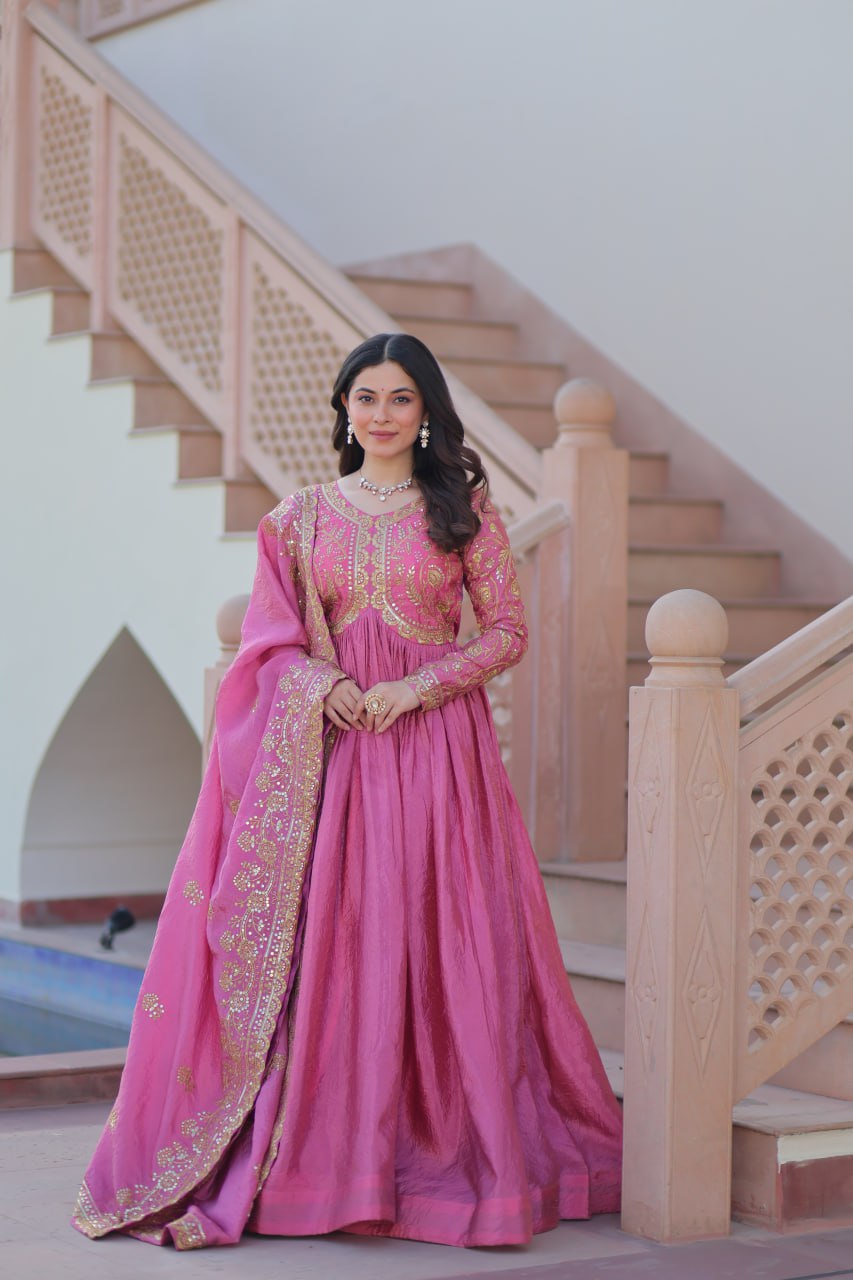 Jyoti Fashion Women's Pink Gold Crush Sequins with Multy Embroidered Anarkali Set With Dupatta - Distacart