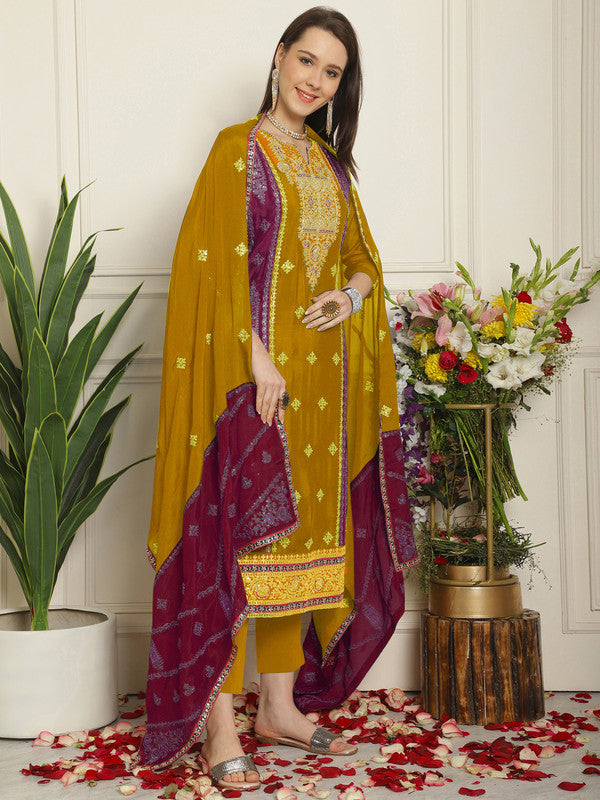 Jyoti Fashion Women's Mustard Chinon Chiffon Embroidered Designer Straight Suit Set - Distacart