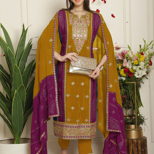 Jyoti Fashion Women's Mustard Chinon Chiffon Embroidered Designer Straight Suit Set - Distacart