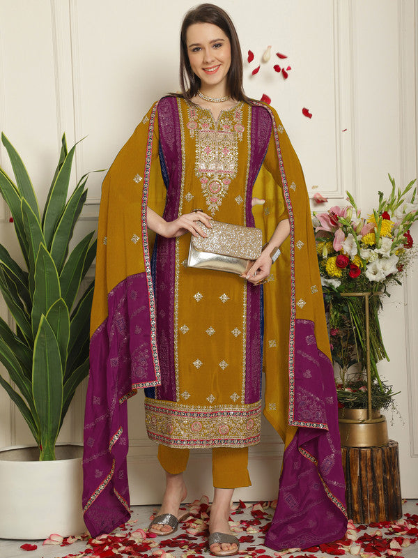 Jyoti Fashion Women's Mustard Chinon Chiffon Embroidered Designer Straight Suit Set - Distacart