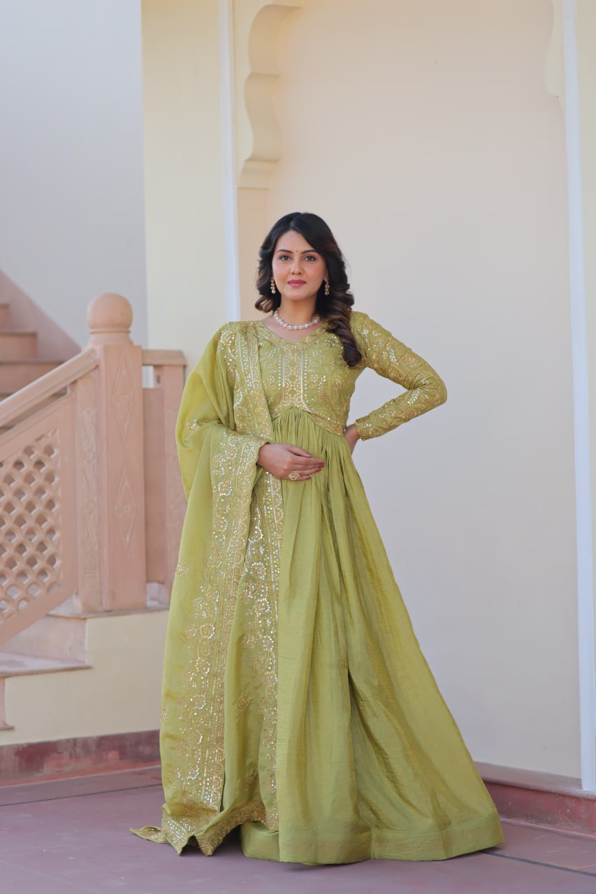 Jyoti Fashion Women's Mehendi Gold Crush Sequins with Multy Embroidered Anarkali Set With Dupatta - Distacart