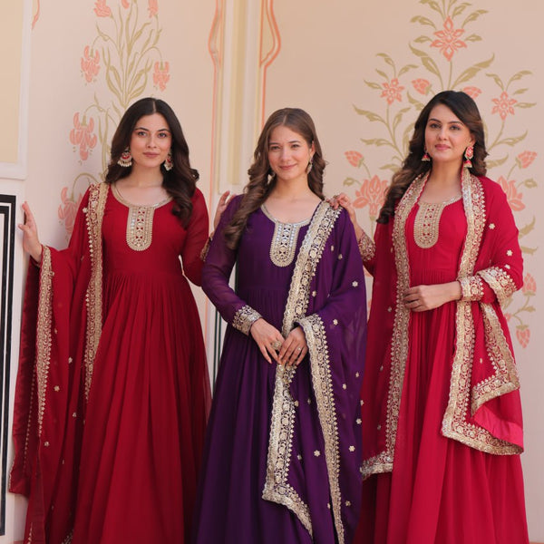 Jyoti Fashion Women's Maroon, Purple & Rani Faux Blooming Sequins & Zari Embroidered Combo Anarkali Set With Dupatta - Distacart