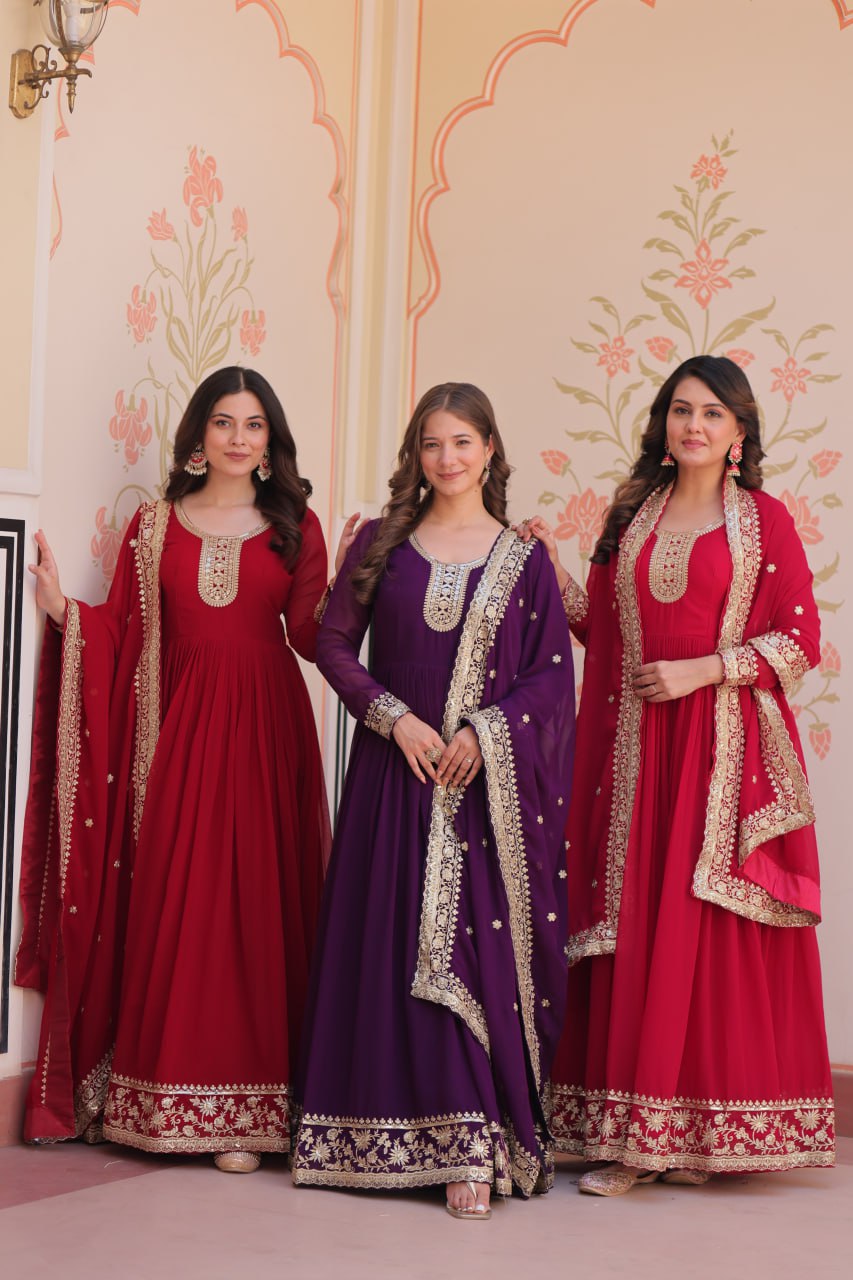 Jyoti Fashion Women's Maroon, Purple & Rani Faux Blooming Sequins & Zari Embroidered Combo Anarkali Set With Dupatta - Distacart