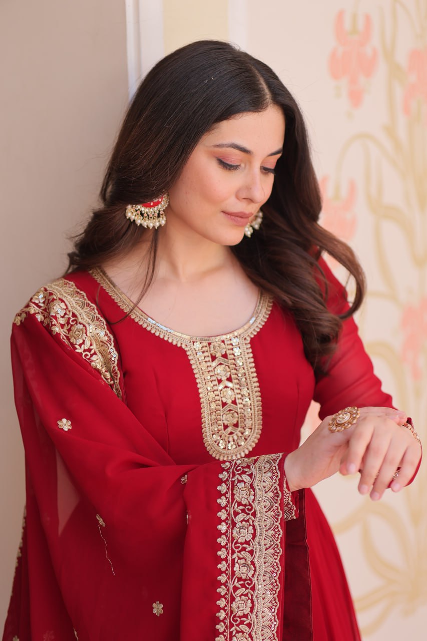 Jyoti Fashion Women's Maroon Faux Blooming Sequins & Zari Embroidered Anarkali Set With Dupatta