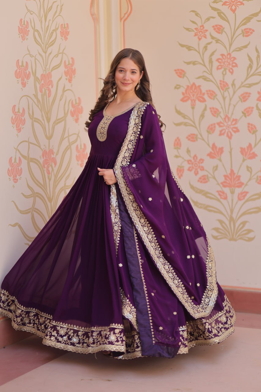 Jyoti Fashion Women's Purple Faux Blooming Sequins & Zari Embroidered Anarkali Set With Dupatta