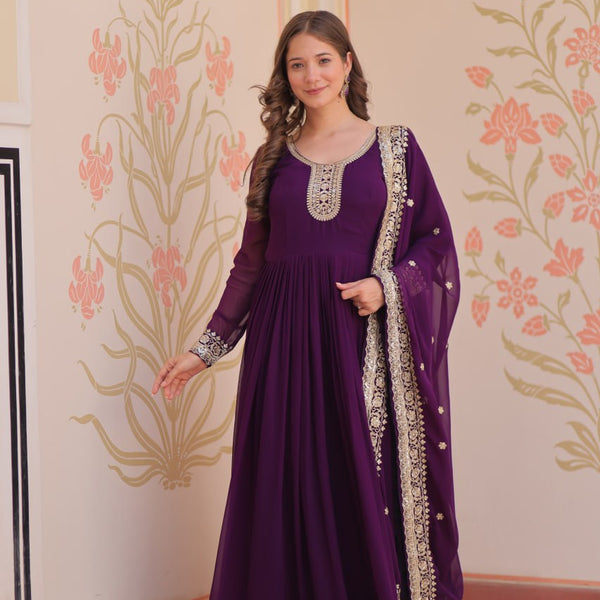 Jyoti Fashion Women's Purple Faux Blooming Sequins & Zari Embroidered Anarkali Set With Dupatta - Distacart