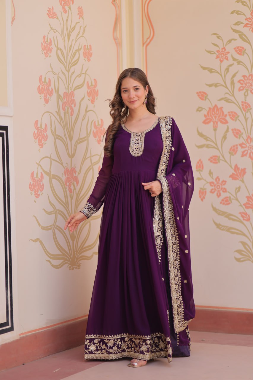 Jyoti Fashion Women's Purple Faux Blooming Sequins & Zari Embroidered Anarkali Set With Dupatta - Distacart