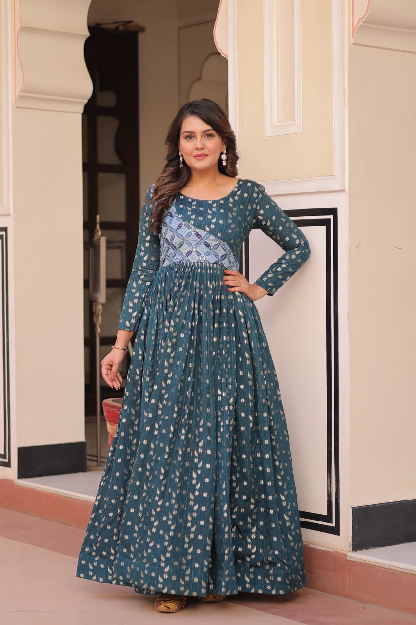 Jyoti Fashion Women's Teal Jacquard Weaving Long Designer Anarkali Set