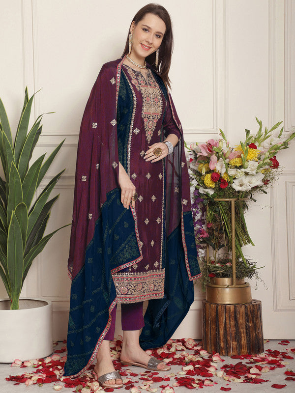 Jyoti Fashion Women's Magenta Chinon Chiffon Embroidered Designer Straight Suit Set - Distacart