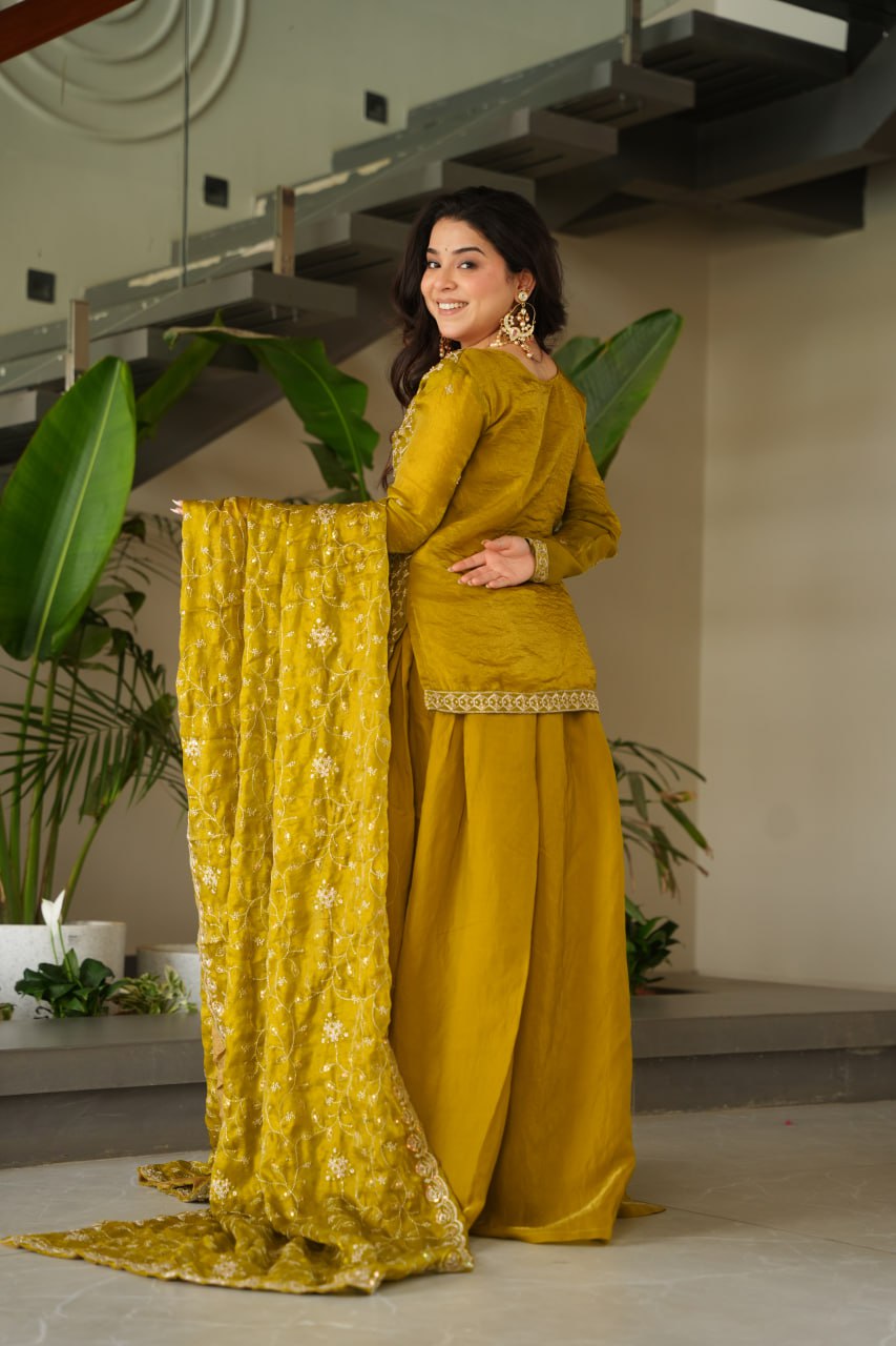 Jyoti Fashion Women's Mehendi Fendi Rich Beads Embroidered Sharara Set with Dupatta