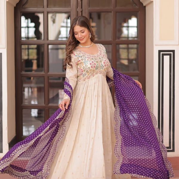 Jyoti Fashion Women's Purple Cosmos Jacquard Pearl Beads Embroidered Anarkali Set With Dupatta - Distacart