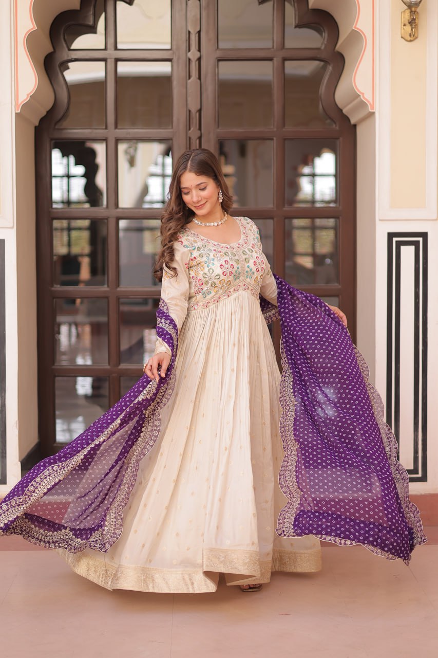Jyoti Fashion Women's Purple Cosmos Jacquard Pearl Beads Embroidered Anarkali Set With Dupatta - Distacart