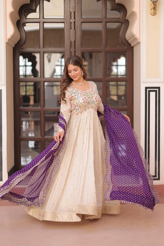 Jyoti Fashion Women's Purple Cosmos Jacquard Pearl Beads Embroidered Anarkali Set With Dupatta