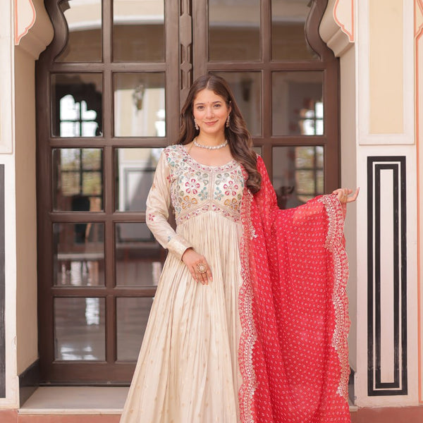 Jyoti Fashion Women's Red Cosmos Jacquard Pearl Beads Embroidered Anarkali Set With Dupatta - Distacart