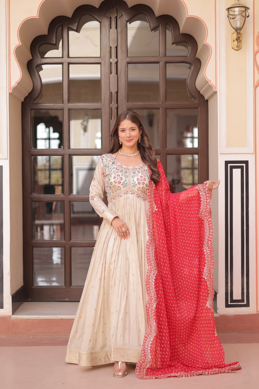 Jyoti Fashion Women's Red Cosmos Jacquard Pearl Beads Embroidered Anarkali Set With Dupatta - Distacart