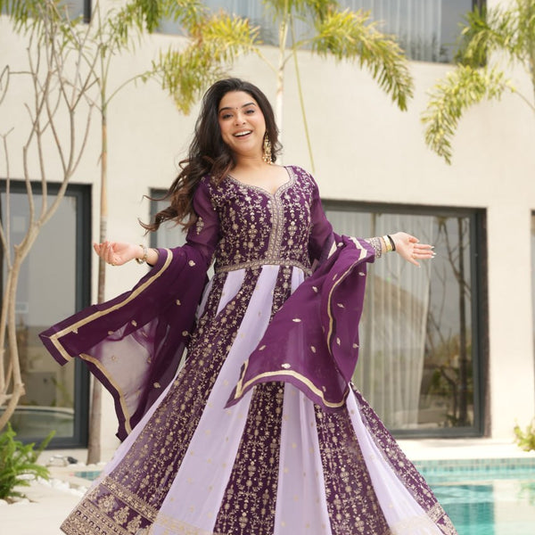 Jyoti Fashion Women's Purple Faux Blooming Zari & Sequins Embroidered Anarkali Set With Dupatta - Distacart