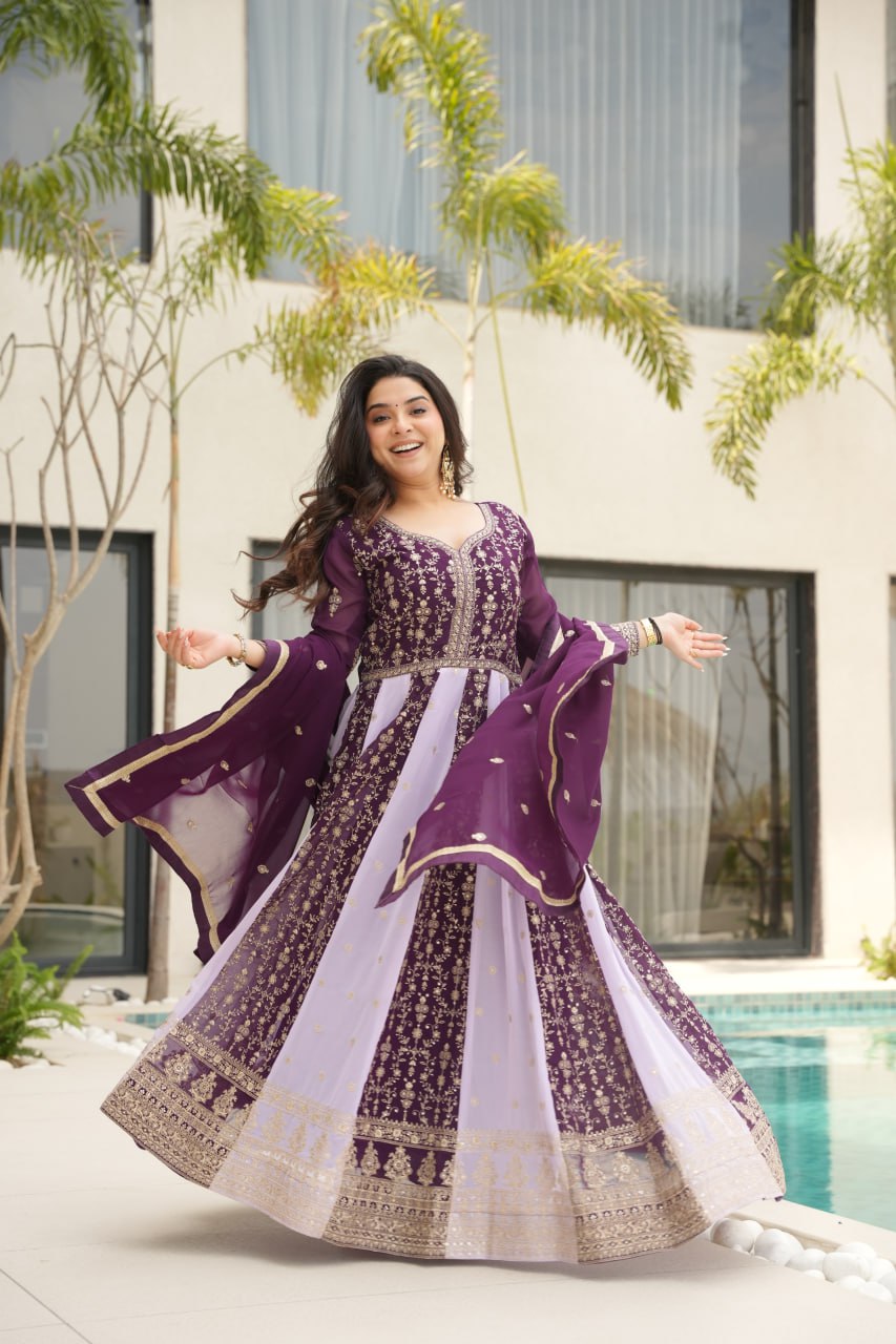 Jyoti Fashion Women's Purple Faux Blooming Zari & Sequins Embroidered Anarkali Set With Dupatta - Distacart