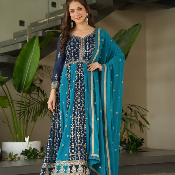 Jyoti Fashion Women's Blue Faux Blooming Zari & Sequins Embroidered Anarkali Set With Dupatta - Distacart