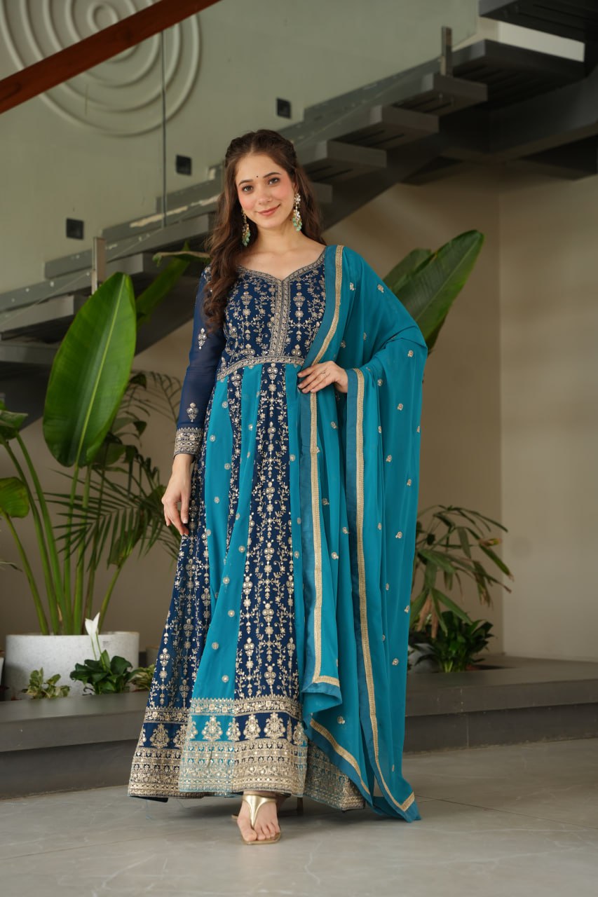 Jyoti Fashion Women's Blue Faux Blooming Zari & Sequins Embroidered Anarkali Set With Dupatta - Distacart
