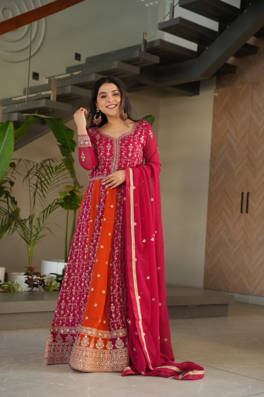 Jyoti Fashion Women's Rani Pink Faux Blooming Zari & Sequins Embroidered Anarkali Set With Dupatta - Distacart