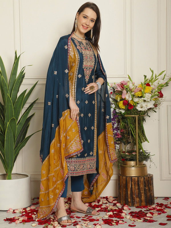 Jyoti Fashion Women's Navy Blue Chinon Chiffon Embroidered Designer Straight Suit Set - Distacart