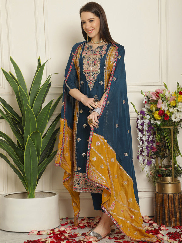 Jyoti Fashion Women's Navy Blue Chinon Chiffon Embroidered Designer Straight Suit Set - Distacart