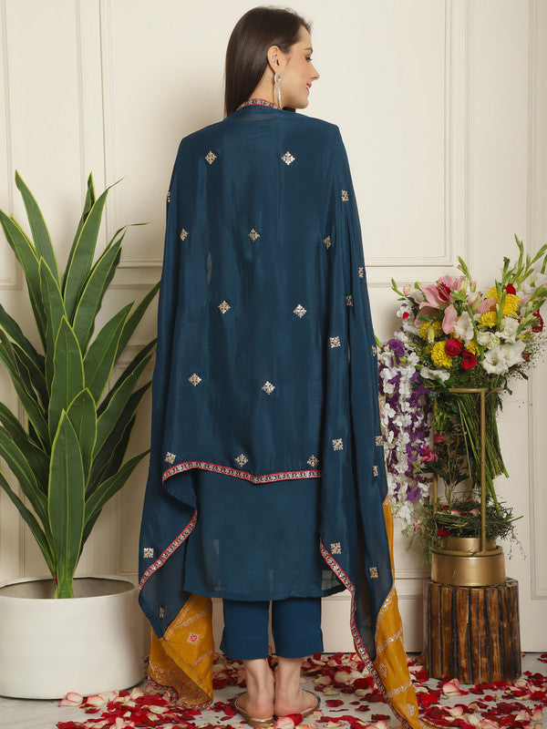 Jyoti Fashion Women's Navy Blue Chinon Chiffon Embroidered Designer Straight Suit Set - Distacart