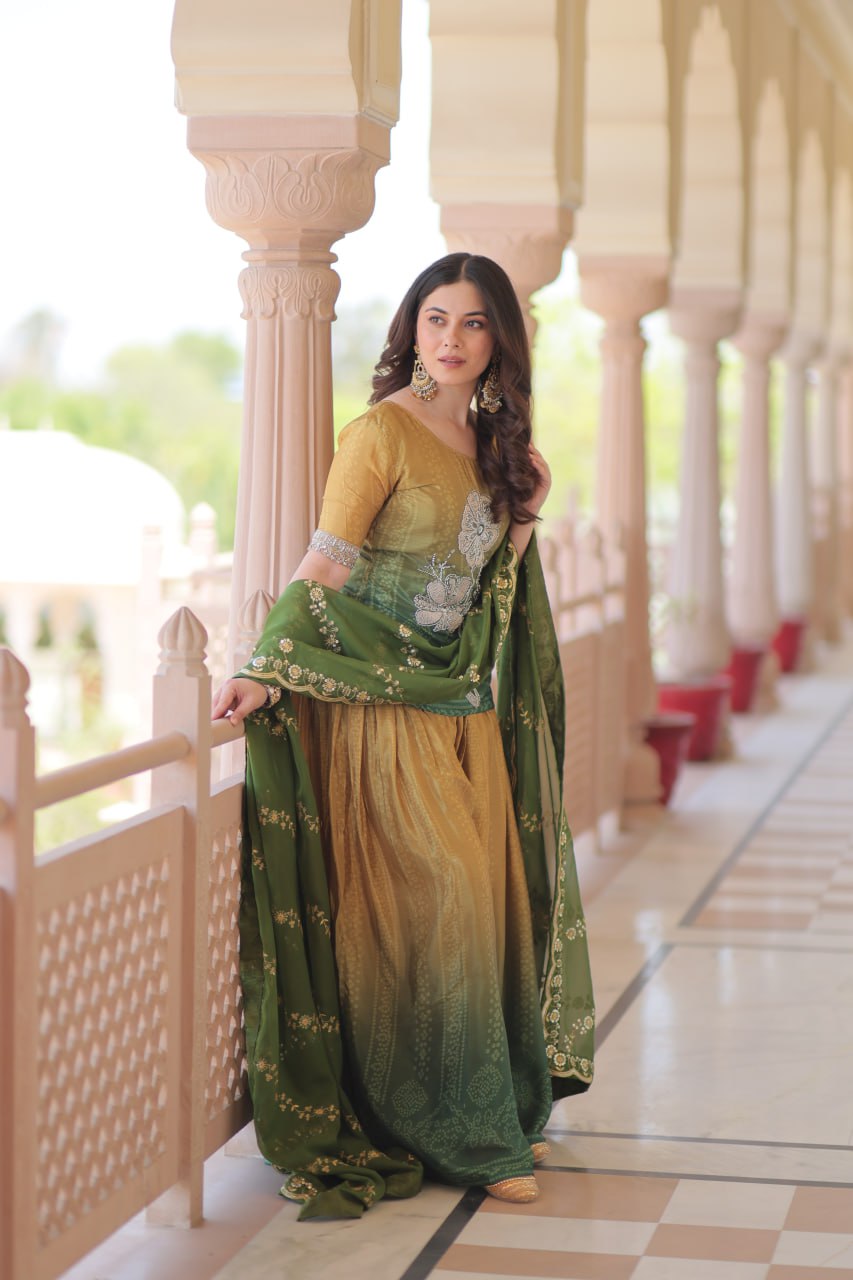 Jyoti Fashion Women's Green Chinon Beads Embroidered Sharara Set with Dupatta