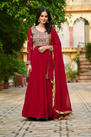 Jyoti Fashion Women's Maroon Faux Blooming Sequins with Thread Embroidered Anarkali Set With Dupatta