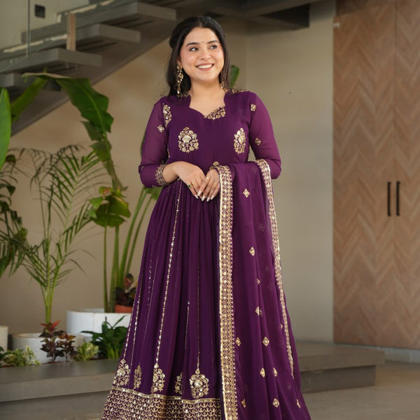 Jyoti Fashion Women's Purple Faux Blooming Zari & Sequins Embroidered Anarkali Set With Dupatta - Distacart