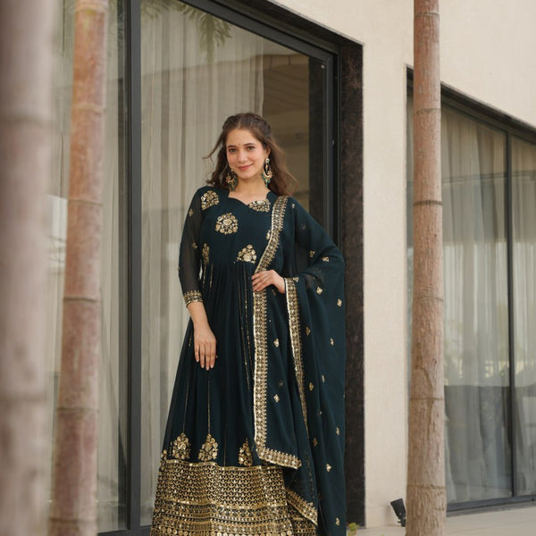Jyoti Fashion Women's Teal Faux Blooming Zari & Sequins Embroidered Anarkali Set With Dupatta - Distacart