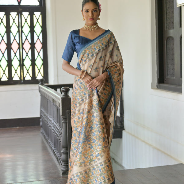 Jyoti Fashion Women's Blue Soft Tussar Silk Printed Designer Saree with Blouse - Distacart