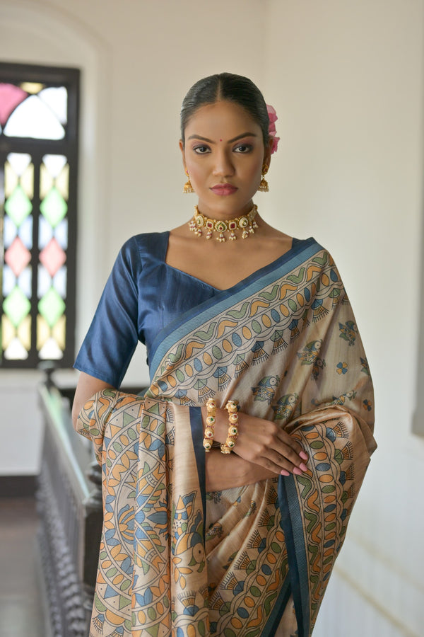 Jyoti Fashion Women's Blue Soft Tussar Silk Printed Designer Saree with Blouse