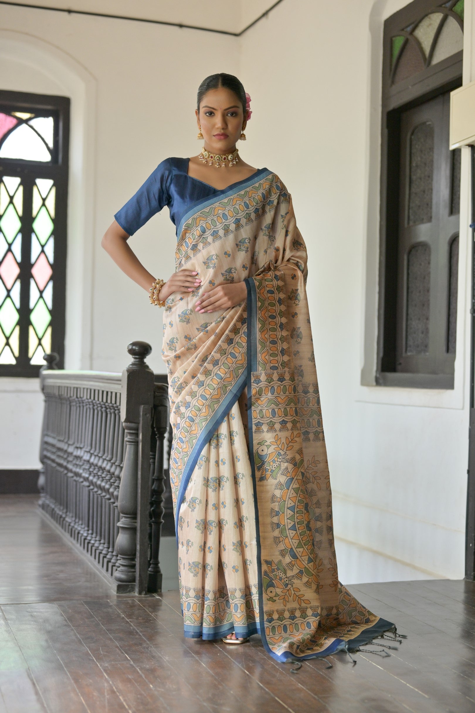 Jyoti Fashion Women's Blue Soft Tussar Silk Printed Designer Saree with Blouse