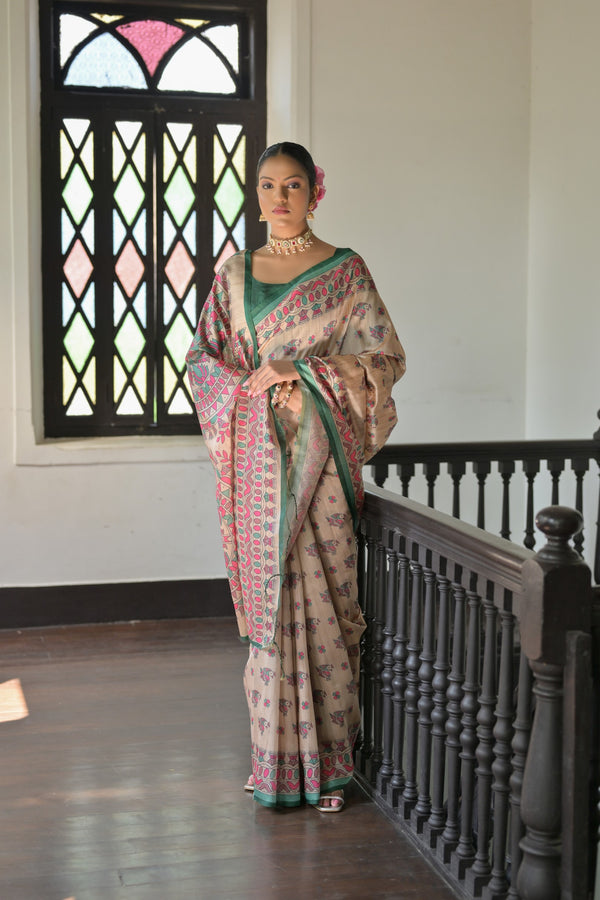 Jyoti Fashion Women's Green Soft Tussar Silk Printed Designer Saree with Blouse