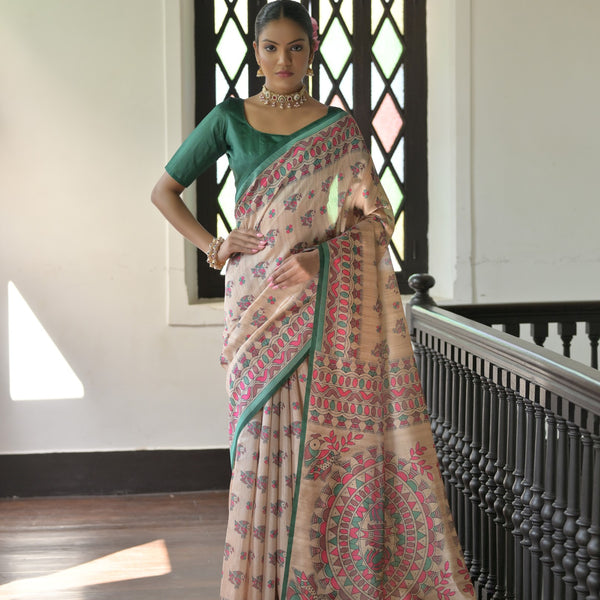Jyoti Fashion Women's Green Soft Tussar Silk Printed Designer Saree with Blouse - Distacart