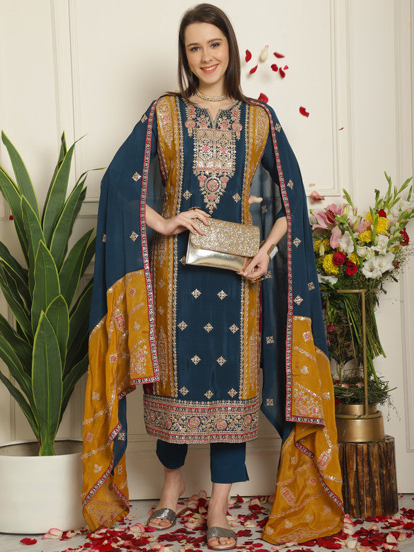 Jyoti Fashion Women's Navy Blue Chinon Chiffon Embroidered Designer Straight Suit Set - Distacart