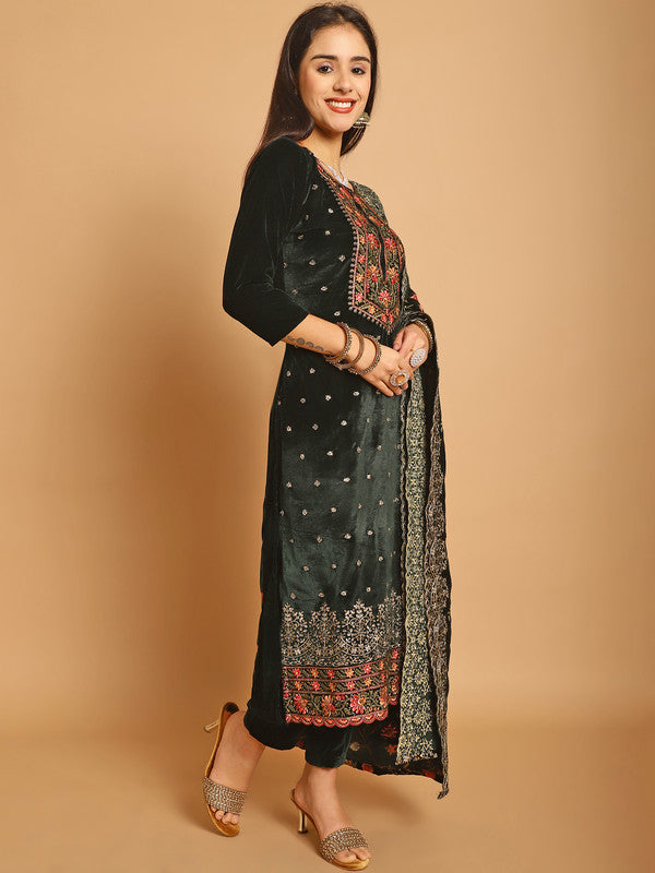 Jyoti Fashion Women's Green Velvet Floral Resham Thread with Jari & Sequince work Designer Straight Suit Set - Distacart