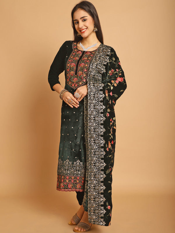 Jyoti Fashion Women's Green Velvet Floral Resham Thread with Jari & Sequince work Designer Straight Suit Set - Distacart